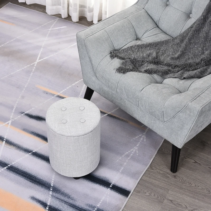 HOMCOM φ30 x 40H cm Elegant Linen Storage Ottoman Stool w/ Tufting Padded Top Home Living Room Furniture Seat Footrest Removable Lid Grey