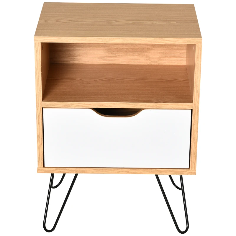 HOMCOM BedsideTable Nightstand Table Cabinet with Storage Drawer Metal Legs Home White Natural Color