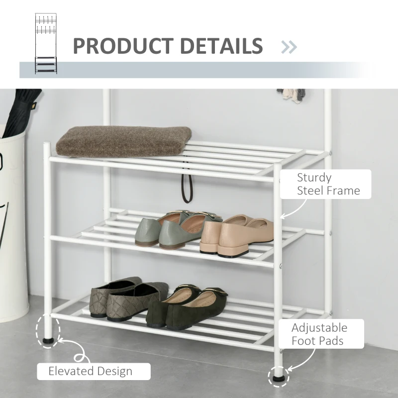 HOMCOM Coat Rack Stand Hall Tree Hallway Furniture with 18 Hooks 3-Tier Shoe Rack Metal Frame for Entryway Bedroom Living Room White