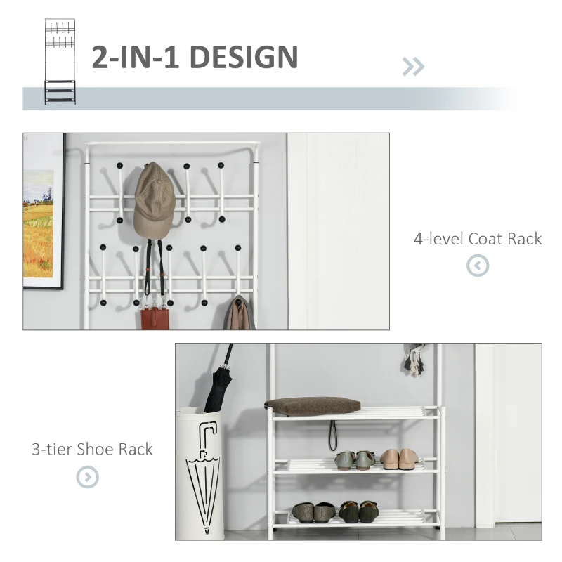 HOMCOM Coat Rack Stand Hall Tree Hallway Furniture with 18 Hooks 3-Tier Shoe Rack Metal Frame for Entryway Bedroom Living Room White