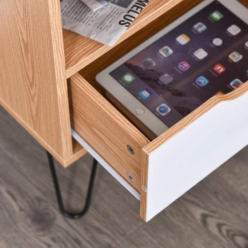 HOMCOM BedsideTable Nightstand Table Cabinet with Storage Drawer Metal Legs Home White Natural Color