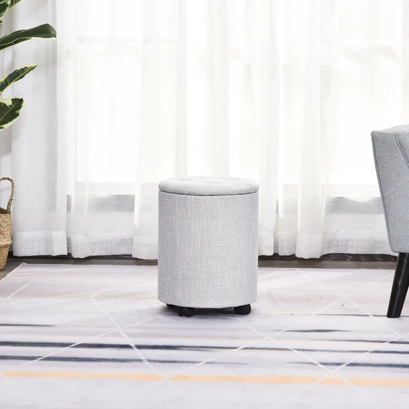 HOMCOM φ30 x 40H cm Elegant Linen Storage Ottoman Stool w/ Tufting Padded Top Home Living Room Furniture Seat Footrest Removable Lid Grey