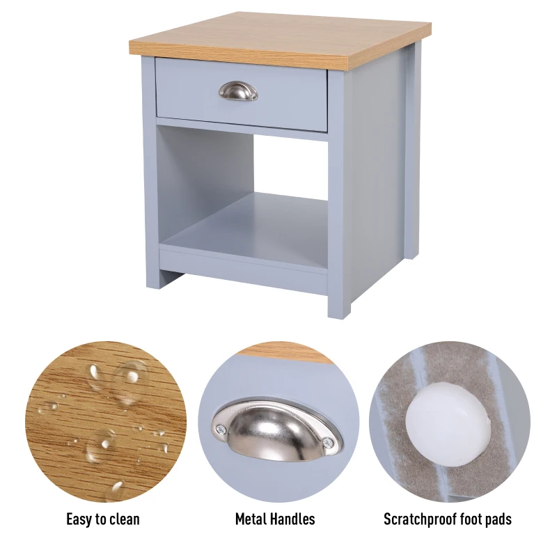 HOMCOM Bedside Table Nightstand with Drawer and Open Shelf, Rustic Style Bedroom Cabinet, Grey