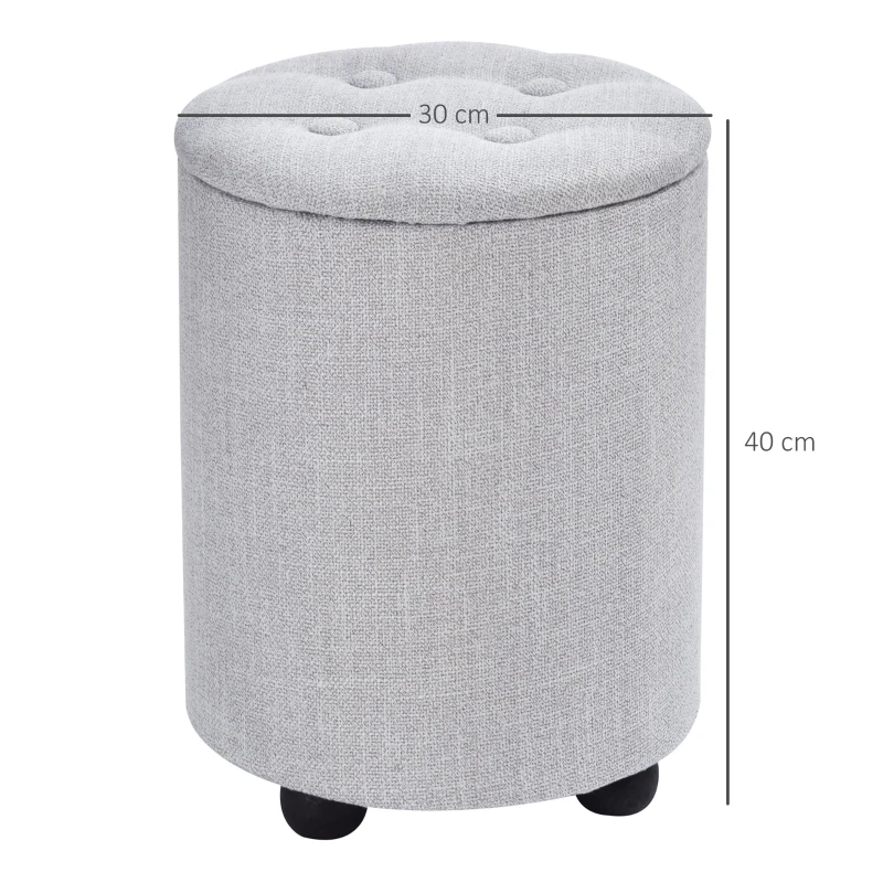 HOMCOM φ30 x 40H cm Elegant Linen Storage Ottoman Stool w/ Tufting Padded Top Home Living Room Furniture Seat Footrest Removable Lid Grey