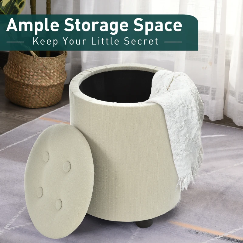 HOMCOM φ30 x 40H cm Elegant Linen Storage Ottoman Stool w/ Tufting Padded Top Home Living Room Furniture Seat Footrest Removable Lid Ivory