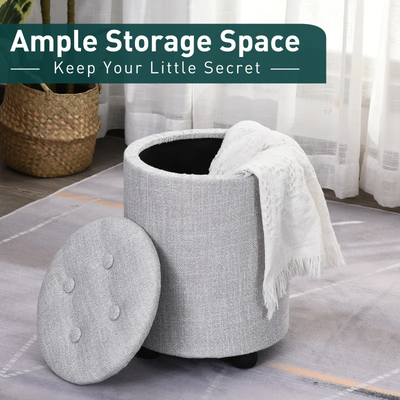 HOMCOM φ30 x 40H cm Elegant Linen Storage Ottoman Stool w/ Tufting Padded Top Home Living Room Furniture Seat Footrest Removable Lid Grey