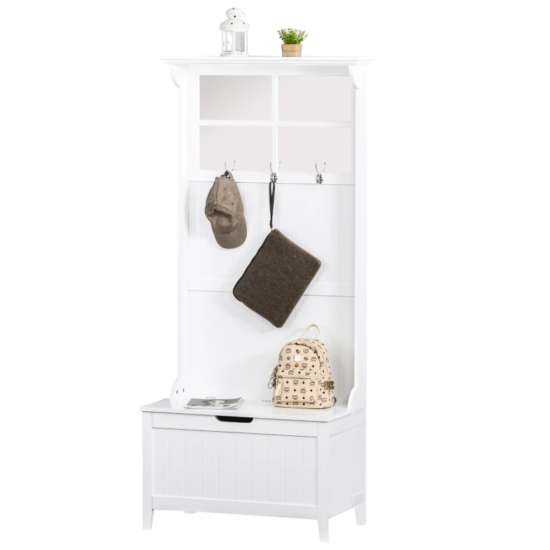 HOMCOM Coat Rack Shoe Bench with Storage 4 In 1 Hall Tree for Entryway Hallway Organizer with Cabinet 3 Hooks Mirrors White