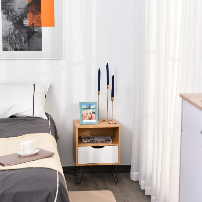 HOMCOM BedsideTable Nightstand Table Cabinet with Storage Drawer Metal Legs Home White Natural Color