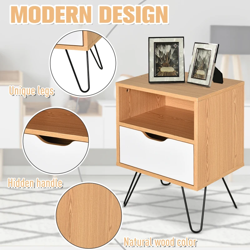HOMCOM BedsideTable Nightstand Table Cabinet with Storage Drawer Metal Legs Home White Natural Color