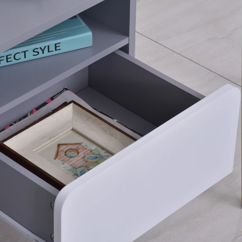 HOMCOM Clean-Cut Bedside Table Bedroom w/ Drawer Open Compartment Wood Legs Sleek Home Furniture Night Stand Stylish Grey White