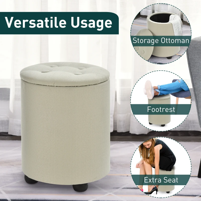 HOMCOM φ30 x 40H cm Elegant Linen Storage Ottoman Stool w/ Tufting Padded Top Home Living Room Furniture Seat Footrest Removable Lid Ivory