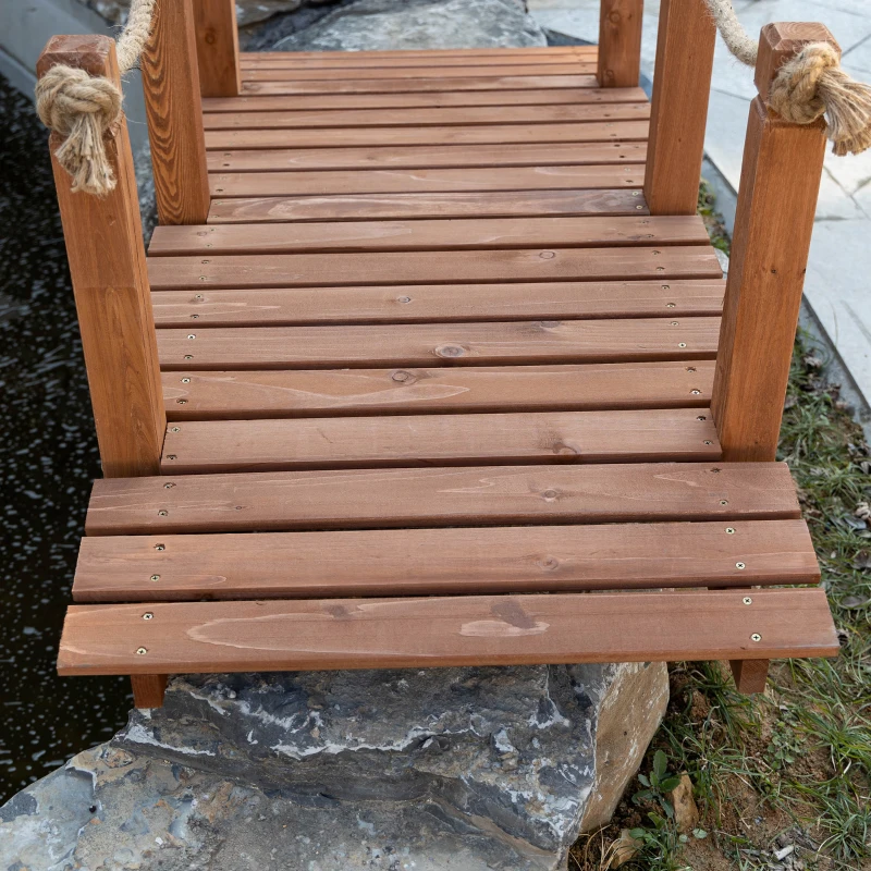 Outsunny Most ogrodowy 1,5 m, drewniany most, przejście, drewniana kładka, most stawowy, most ozdobny balustradą, lina, obciążenie do 200 kg, lite drewno, kolor naturalny