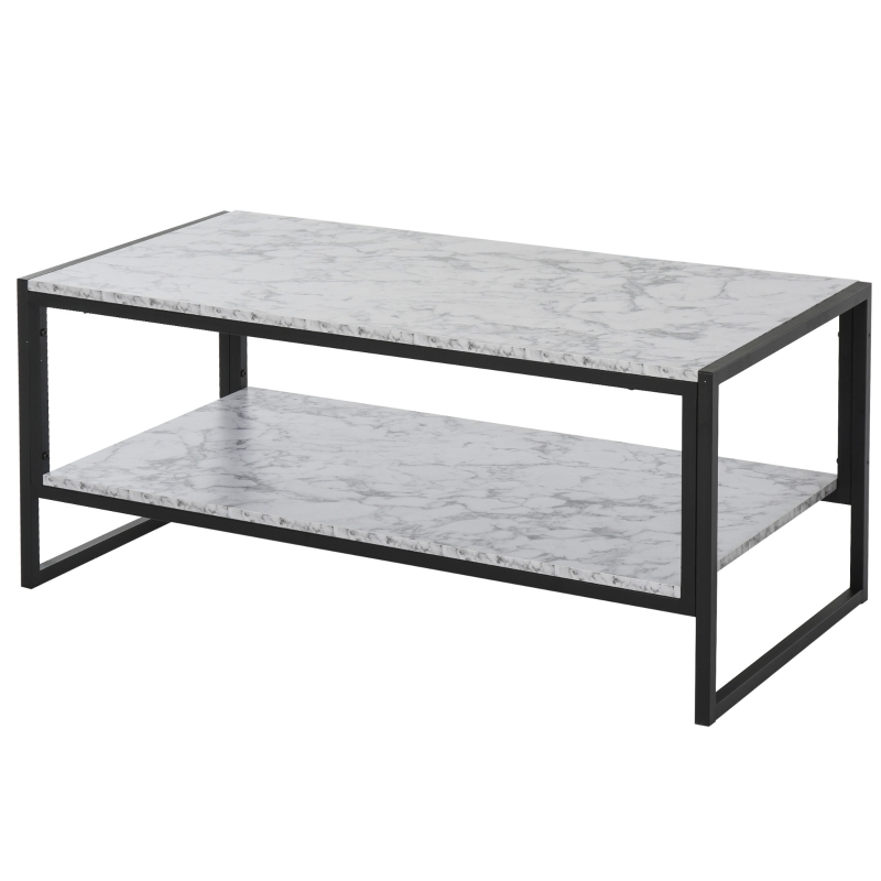 HOMCOM Mesa de Centro Multifuncional Mesa de Café Minimalista Imitación Mármol con Estructura de Metal Estante Adicional 106x50x47 cm Blanco