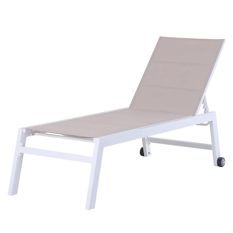 Outsunny Aluminium Garden Sun Lounger Padded Chaise Lounge Reclining Chair with Adjustable Backrest Bed Lounger with Wheels Texteline - White