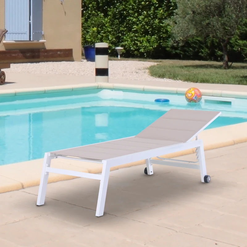 Outsunny Aluminium Garden Sun Lounger Padded Chaise Lounge Reclining Chair with Adjustable Backrest Bed Lounger with Wheels Texteline - White