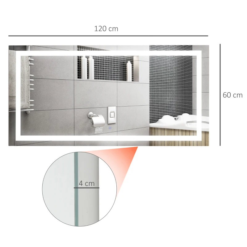 HOMCOM Wall Mounted Bathroom LED  Illuminated Mirror Sensor Anti-Fog Heated- 120W x 60H X 4D cm