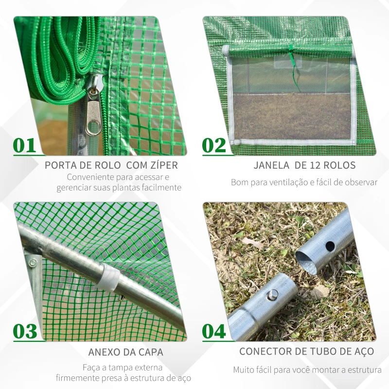 Outsunny Estufa Tipo Túnel 800x300x200cm com 12 Janelas e Porta Enrolável Cobertura de PE 140g/m² e Aço Teto Pontiagudo para Cultivo de Plantas Verduras Verde