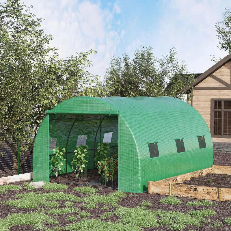 Outsunny Walk-in Polytunnel Greenhouse, Outdoor Garden Tunnel Greenhouse Tent with Zipped Roll-Up Door and 6 Mesh Windows, 4 x 3M