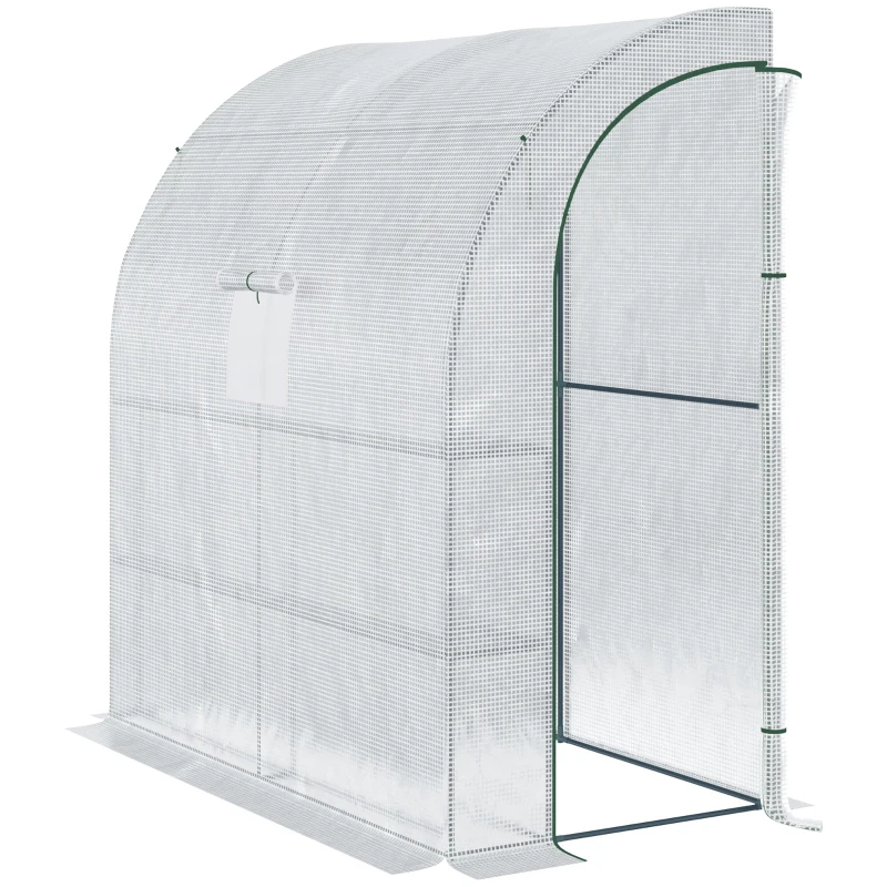 Outsunny Walk-In Lean to Wall Greenhouse with Windows and Doors, Outdoor Green House with 3 Tiers 4 Wired Shelves, 200L x 100W x 215Hcm, White