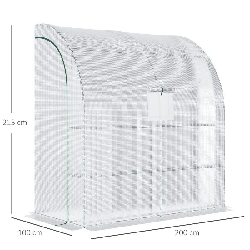 Outsunny Walk-In Lean to Wall Greenhouse with Windows and Doors, Outdoor Green House with 3 Tiers 4 Wired Shelves, 200L x 100W x 215Hcm, White