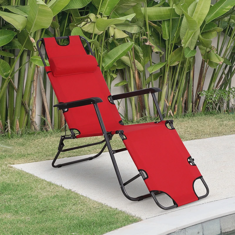 Outsunny 2 in 1 Sun Lounger Folding Reclining Chair Garden Outdoor Camping Adjustable Back with Pillow, Red