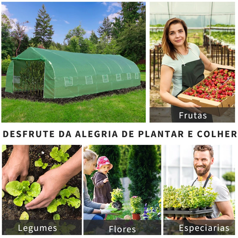 Outsunny Estufa Tipo Túnel 800x300x200cm com 12 Janelas e Porta Enrolável Cobertura de PE 140g/m² e Aço Teto Pontiagudo para Cultivo de Plantas Verduras Verde