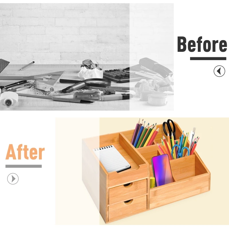 HOMCOM Bamboo Desktop Organiser Holder Multi-Function Storage Caddy Drawers Office Supply