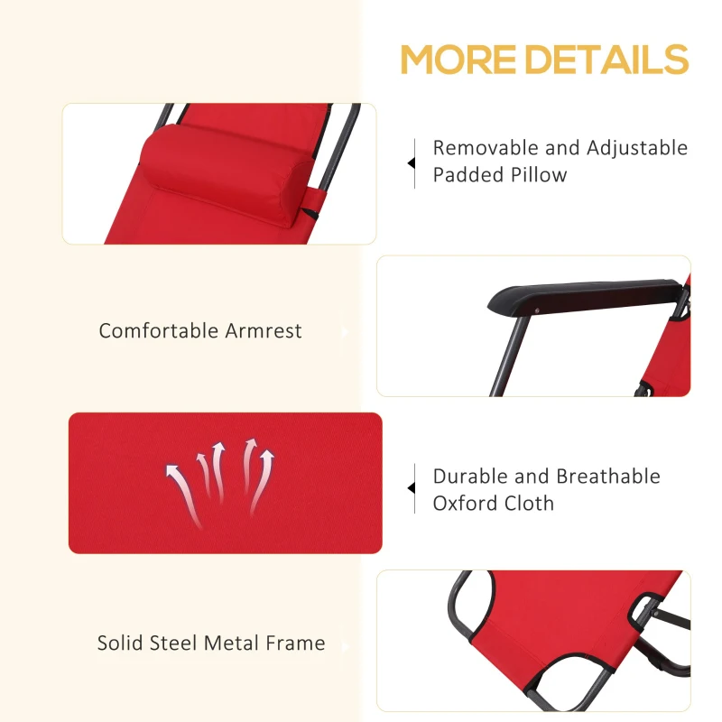 Outsunny 2 in 1 Sun Lounger Folding Reclining Chair Garden Outdoor Camping Adjustable Back with Pillow, Red