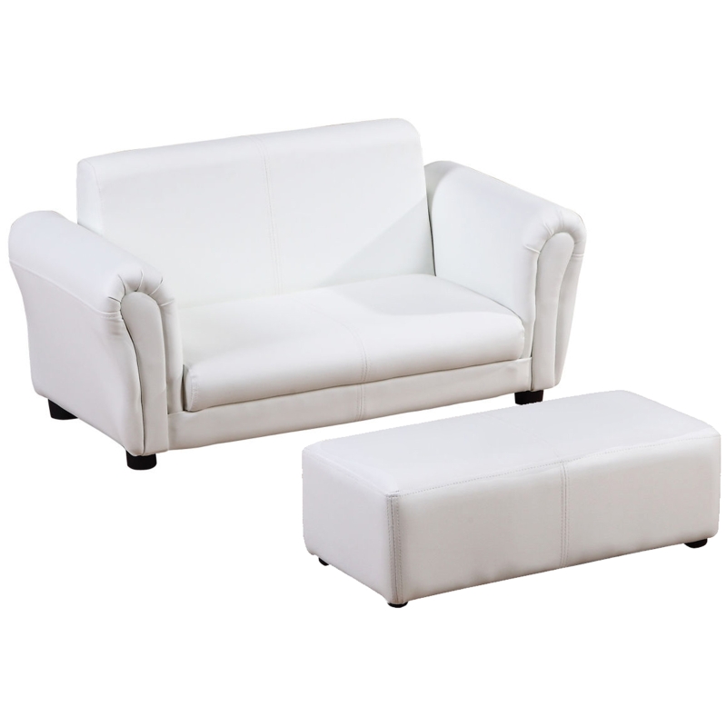 HOMCOM Kids PVC 2-Seater Mini Sofa Set w/ Footstool White