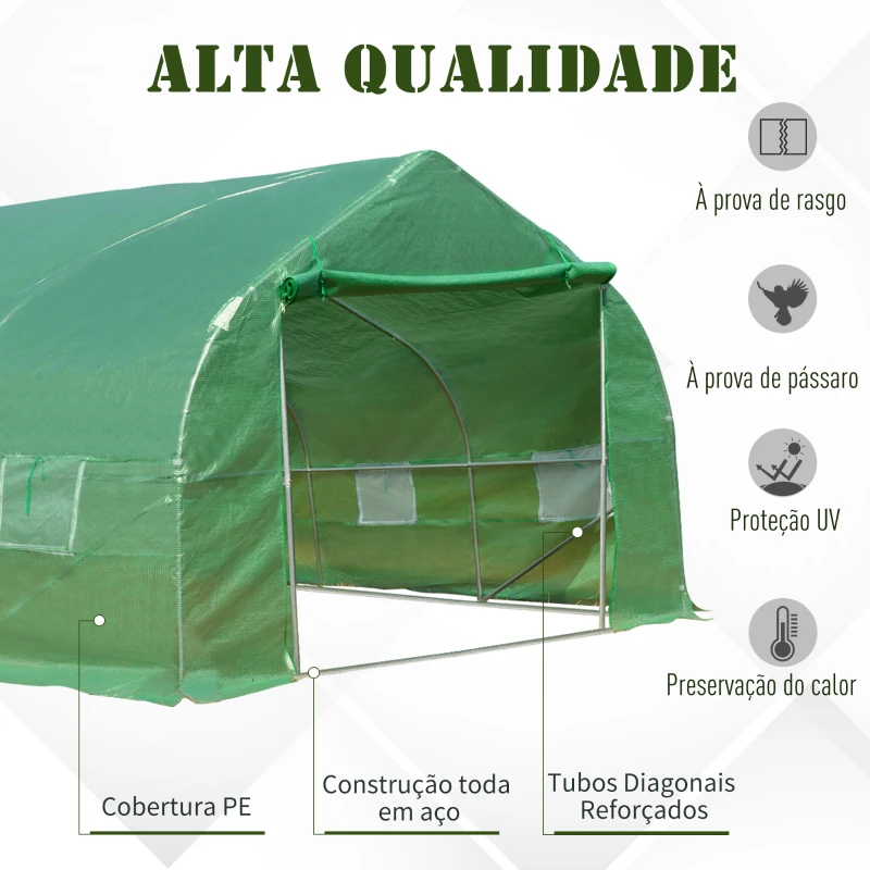 Outsunny Estufa Tipo Túnel 800x300x200cm com 12 Janelas e Porta Enrolável Cobertura de PE 140g/m² e Aço Teto Pontiagudo para Cultivo de Plantas Verduras Verde