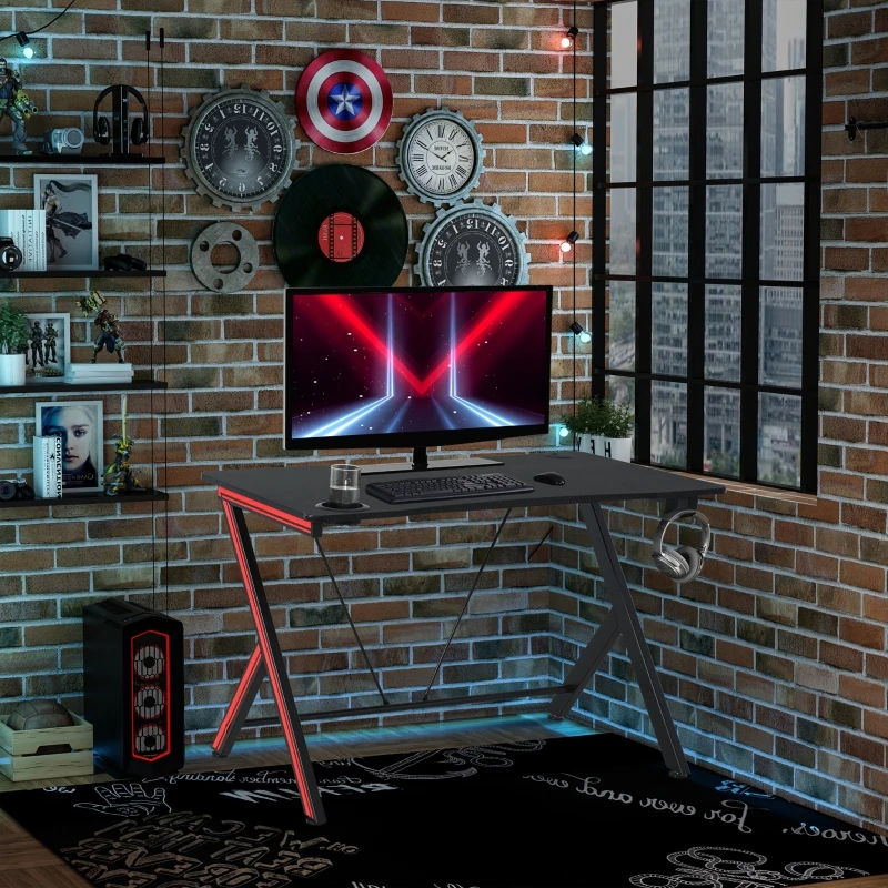 HOMCOM Gaming Computer Desk Workstation Centor Racing Writing Table with Headphone Hook Cup Holder Curved Front Adjustable Feet for Home Office Use