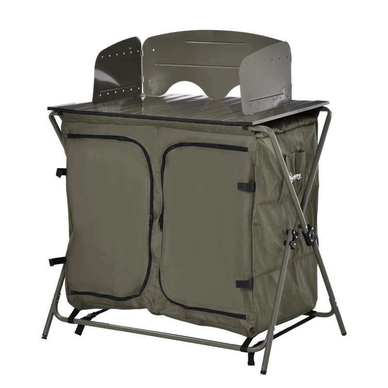 Outsunny Camping Cupboard Foldable Camping Kitchen Storage Unit w/ Windshield & 6 Shelves for BBQ Party Picnics Backyards with Carrying Bag