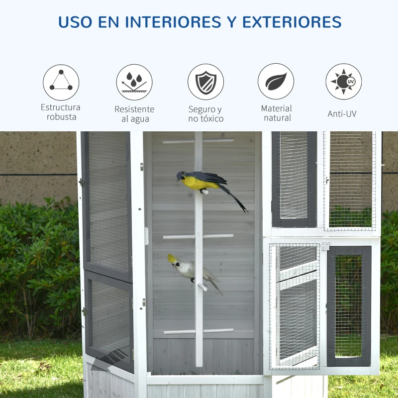PawHut Pajarera de Madera Grande para Balcón Jardín con Múltiples Puertas Ventanas 2 Nidos de Pájaros 5 Barras y Techo Asfáltico 125x125x183 cm Gris Blanco y Negro