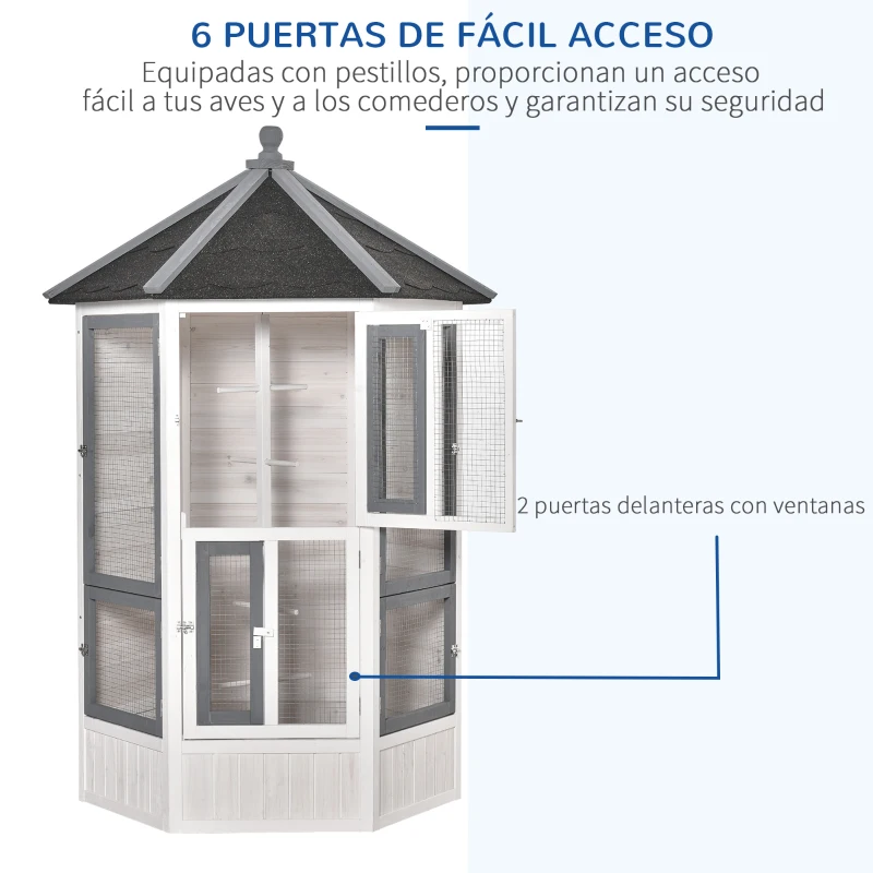 PawHut Pajarera de Madera Grande para Balcón Jardín con Múltiples Puertas Ventanas 2 Nidos de Pájaros 5 Barras y Techo Asfáltico 125x125x183 cm Gris Blanco y Negro