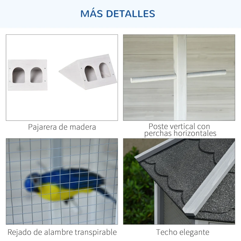 PawHut Pajarera de Madera Grande para Balcón Jardín con Múltiples Puertas Ventanas 2 Nidos de Pájaros 5 Barras y Techo Asfáltico 125x125x183 cm Gris Blanco y Negro