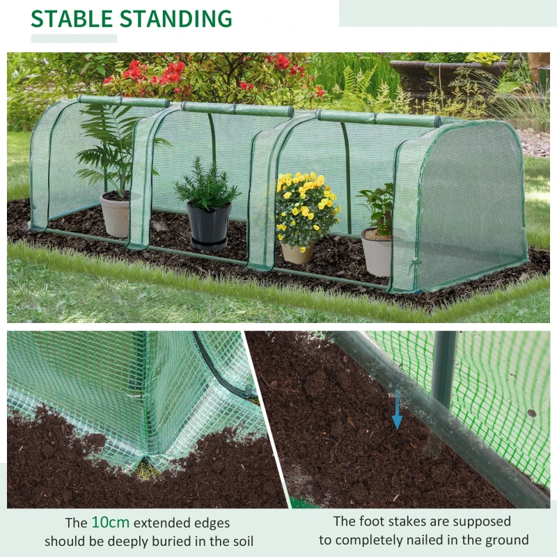 Outsunny Mini Greenhouse, Small Polytunnel Green House with Zipped Doors, Steel Frame for Garden Backyard, 295 x 100 x 80cm, Green