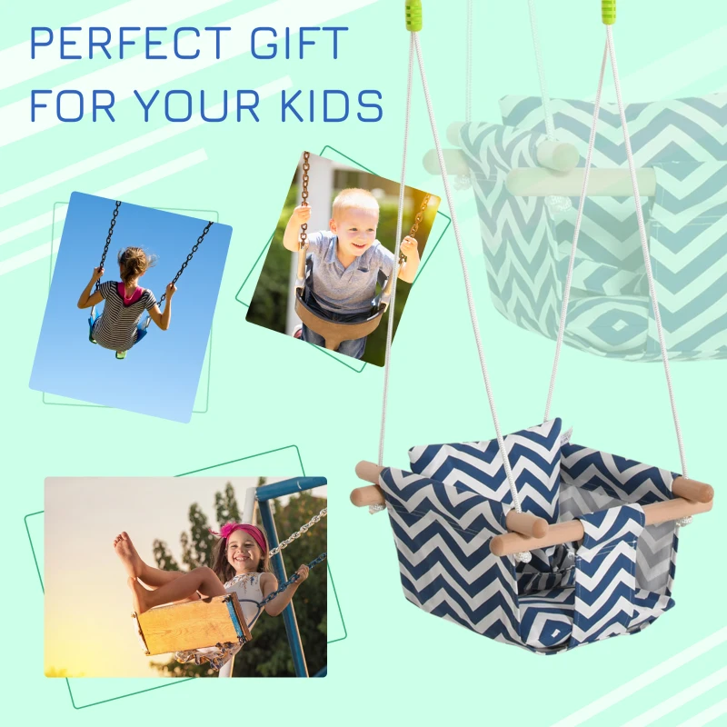 Outsunny Baby Swing Seat, Folding Secure Hanging Hammock Chair Indoor Outdoor with Cotton Cushion Pillow and Wooden Frame, Blue and White