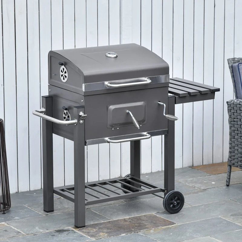 Outsunny Charcoal Grill BBQ Trolley with Adjustable Charcoal Grate, Garden Metal Smoker Barbecue with Shelf, Side Table, Wheels, Built-in Thermometer, Bottle Opener