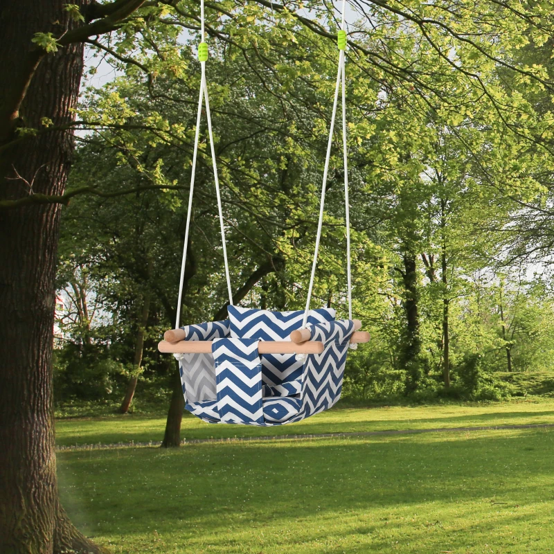 Outsunny Baby Swing Seat, Folding Secure Hanging Hammock Chair Indoor Outdoor with Cotton Cushion Pillow and Wooden Frame, Blue and White