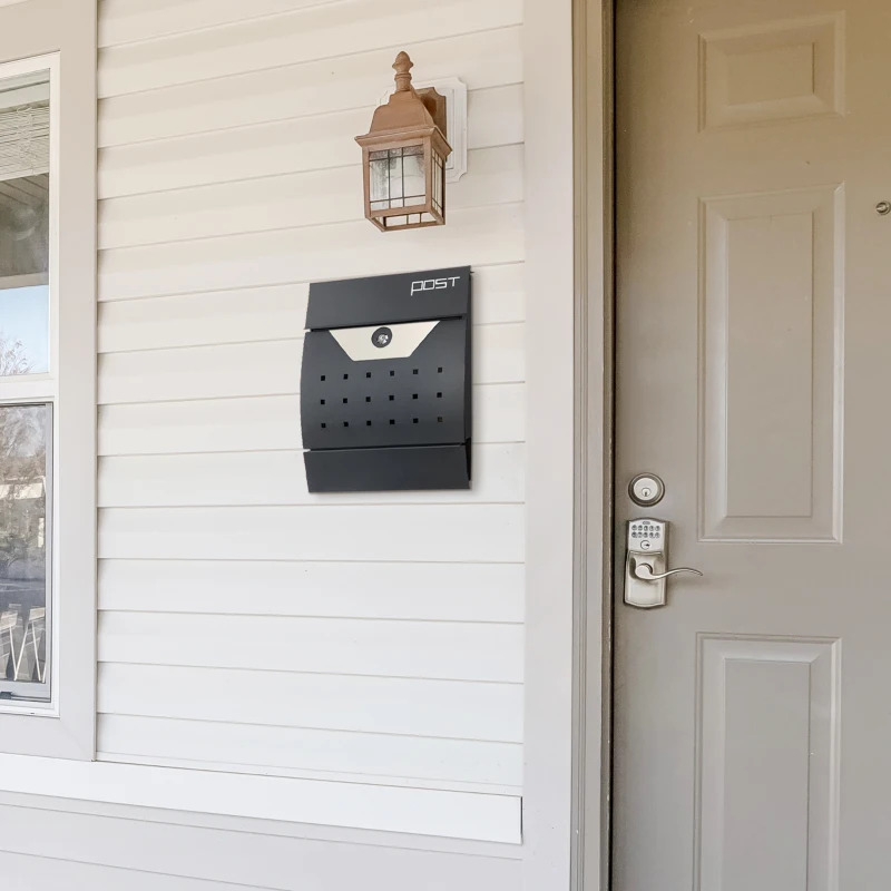 HOMCOM Steel Wall Mounted Mail Box Post Letter Newspaper Holder Outdoor Lockable with Waterproof  Lid -  Black