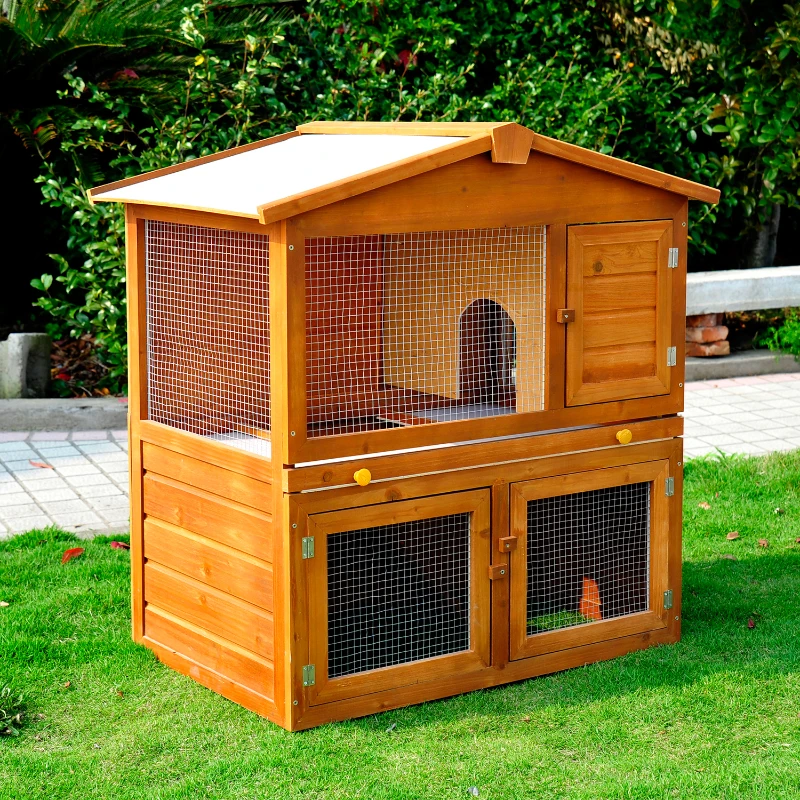PawHut Rabbit Hutch Outdoor, Wooden Guinea Pig Hutch, Bunny House 2 Floors Pet  Cage, with Rabbit Run Ramp Sliding Tray 94 x 97 x 61 cm