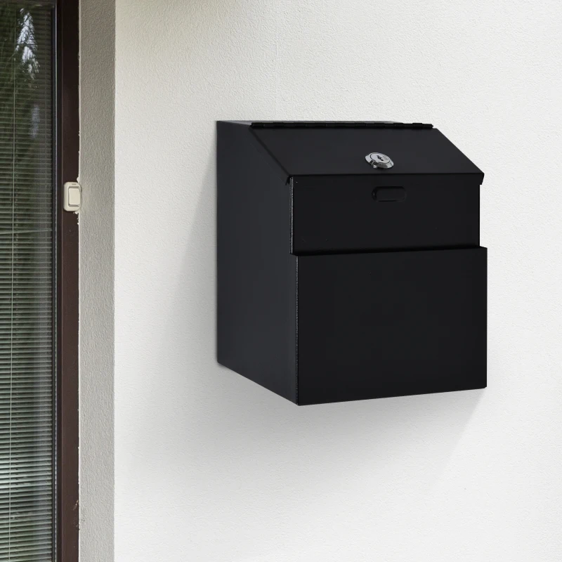 HOMCOM Steel Suggestion Post Box Mail Storage w/ 2 Keys Wall Mountable Or  Tabletop Use Maildrop Multifunctional Black