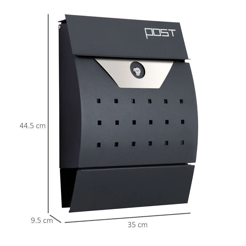 HOMCOM Steel Wall Mounted Mail Box Post Letter Newspaper Holder Outdoor Lockable with Waterproof  Lid -  Black