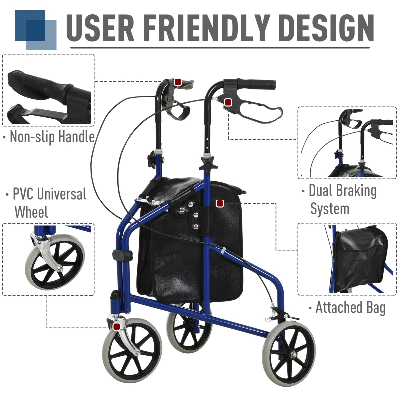 HOMCOM Tri Rollator Walker for Seniors and Handicapped, Three Wheel Rollator with Handbrakes, Adjustable Height, PU Storage Bag, Foldable Design, Metal, 56.5 x 58.5 x 82-96 cm