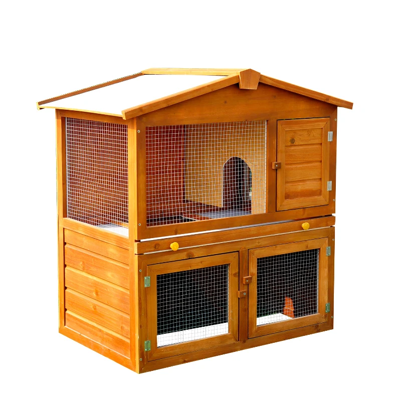PawHut Rabbit Hutch Outdoor, Wooden Guinea Pig Hutch, Bunny House 2 Floors Pet  Cage, with Rabbit Run Ramp Sliding Tray 94 x 97 x 61 cm
