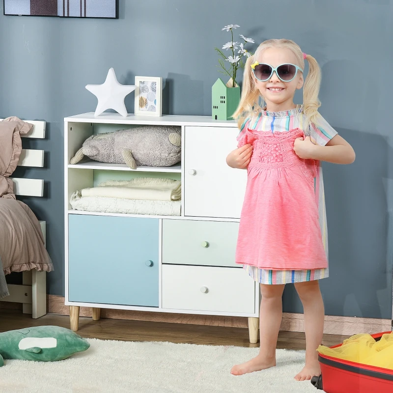 HOMCOM Mueble Infantil Librería Estantería para Niños con 2 Compartimentos 2 Cajones y 2 Armarios Almacenaje de Libros Juguetes Ropa para Habitación Guardería 80x30x85 cm Azul