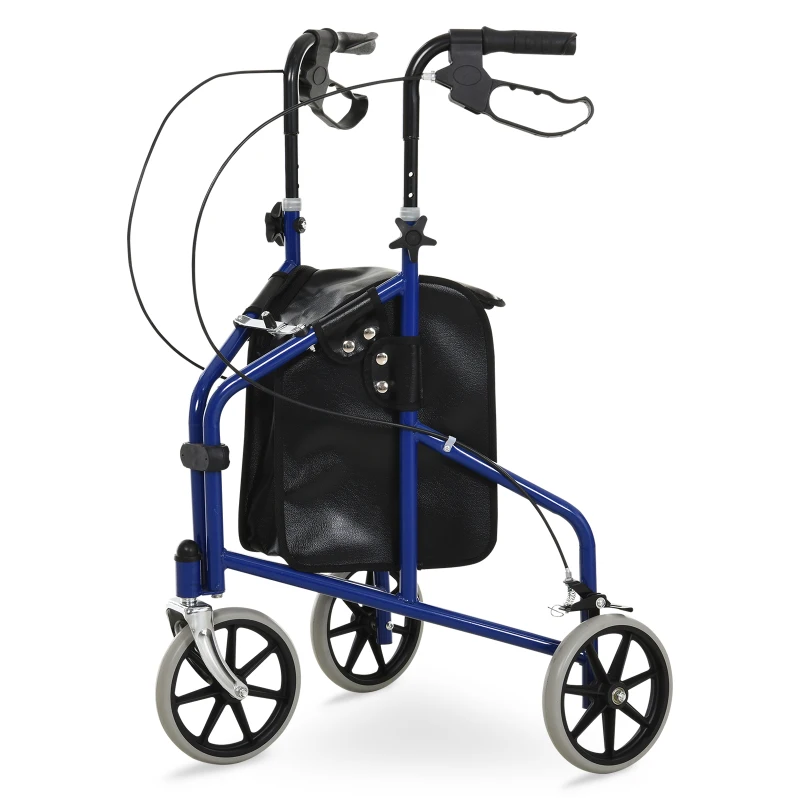 HOMCOM Tri Rollator Walker for Seniors and Handicapped, Three Wheel Rollator with Handbrakes, Adjustable Height, PU Storage Bag, Foldable Design, Metal, 56.5 x 58.5 x 82-96 cm