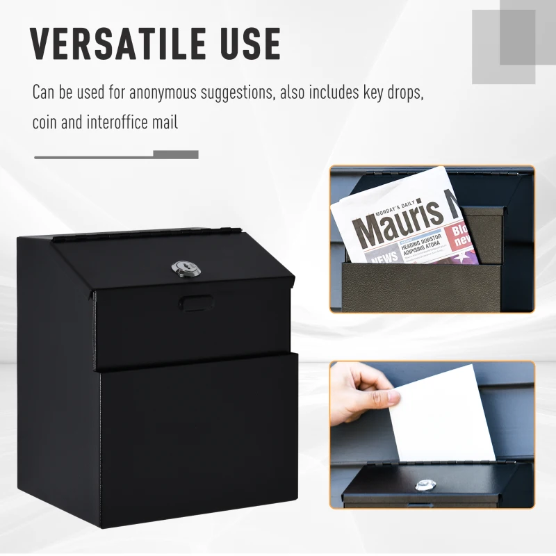 HOMCOM Steel Suggestion Post Box Mail Storage w/ 2 Keys Wall Mountable Or  Tabletop Use Maildrop Multifunctional Black
