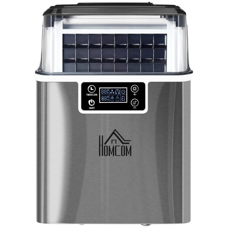 HOMCOM kostkarka do lodu 20 kg / 24 h, 2,3 l kostkarka do lodu ze zbiornikiem na wodę 3,2 l wyświetlacz stal nierdzewna kolor srebrny 25,2 x 36 x 37,1 cm | Aosom