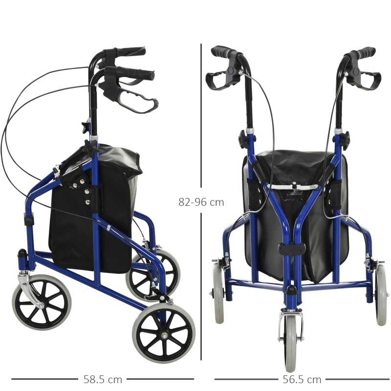 HOMCOM Tri Rollator Walker for Seniors and Handicapped, Three Wheel Rollator with Handbrakes, Adjustable Height, PU Storage Bag, Foldable Design, Metal, 56.5 x 58.5 x 82-96 cm